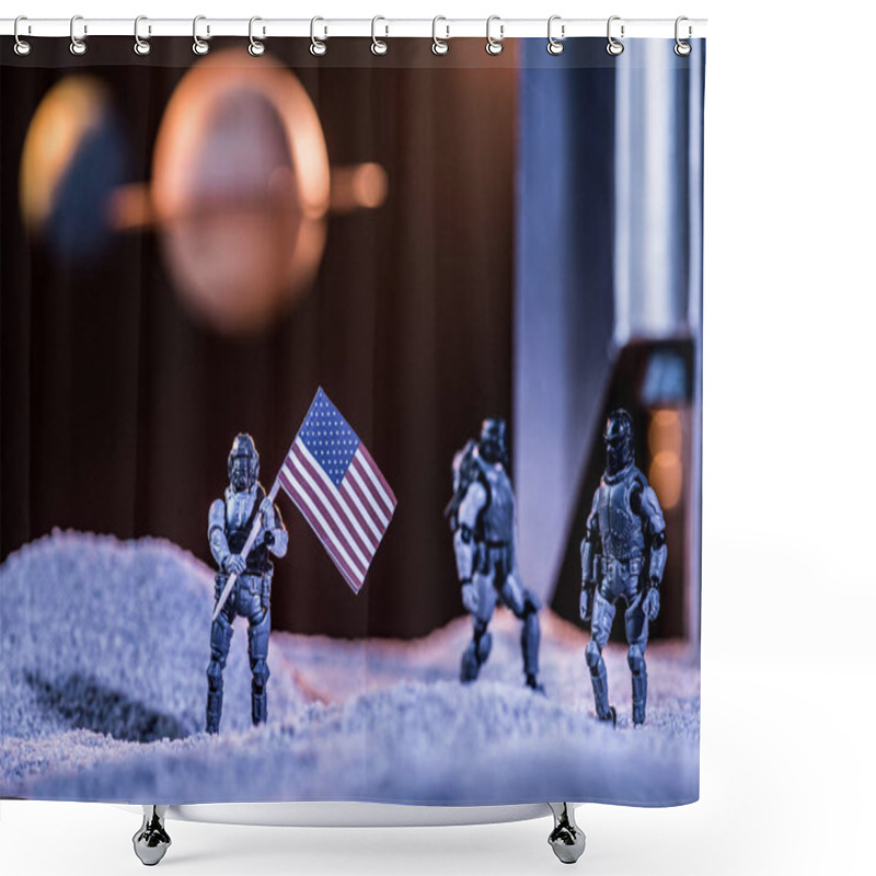 Personality  Selective Focus Of Toy Astronauts Holding American Flag In Space Near Rocket Shower Curtains