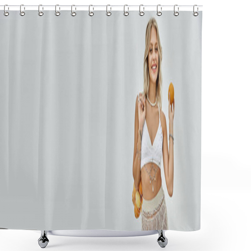 Personality  A Blonde Woman In A White Crocheted Bikini Top And Matching Skirt Poses With An Orange In Front Of A Grey Background. Shower Curtains