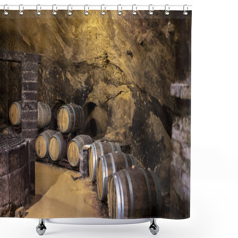 Personality  Medieval Underground Wine Cellars With Old Red Wine Barrels For Aging Of Vino Nobile Di Montepulciano In Old Town On Hill Montepulciano In Tuscany, Italy Shower Curtains