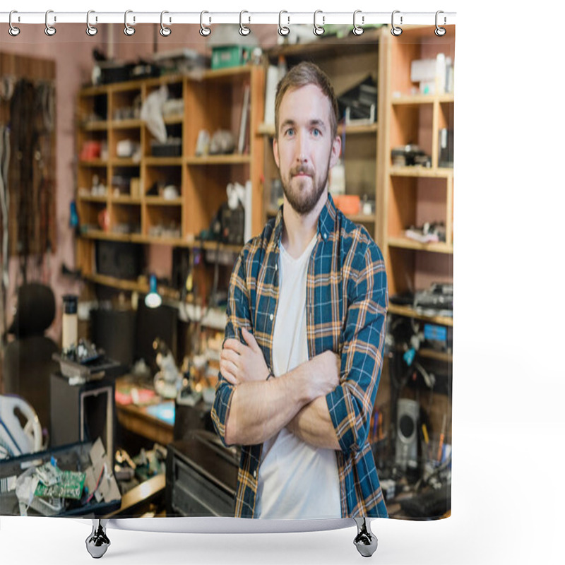 Personality  Young Professional Repairman Of Broken Gadgets Crossing Arms By Chest While Standing In Front Of Camera In His Workshop Shower Curtains