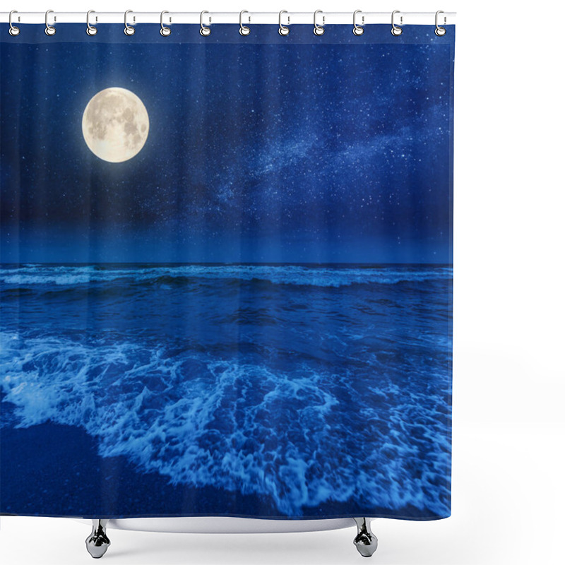 Personality  Beach And Sea On A Cloudy Night. Beautiful View Of Waves Rolling The Coast Beneath A Glowing Sky In Full Moon Light Shower Curtains