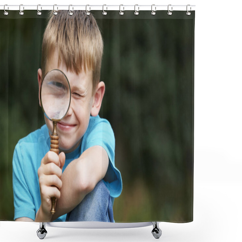 Personality  Boy Looking Through Magnifying Glass With Magnified Eye Shower Curtains