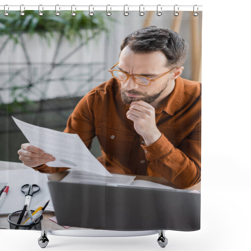 Personality  Deep In Thought Bearded Businessman In Eyeglasses And Shirt Looking At Document Next To Laptop, Scissors And Pen Holder With Pens On Work Desk In Office Shower Curtains