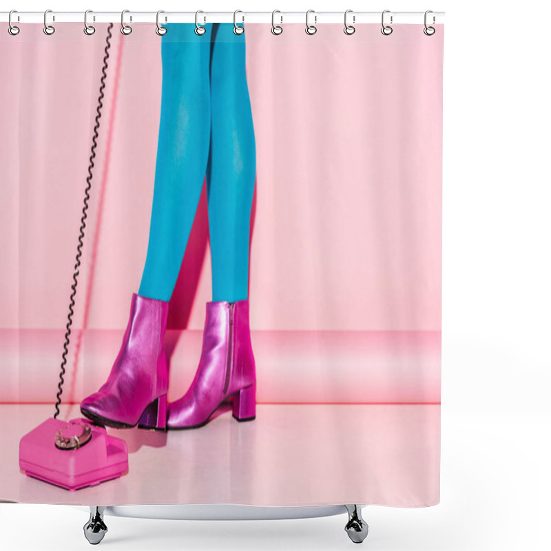 Personality  Cropped View Of Young Woman In Blue Tights Near Retro Phone On Pink Shower Curtains