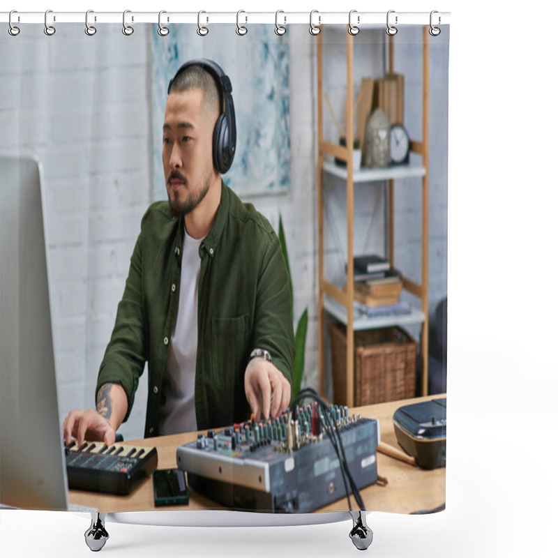 Personality  A Handsome Asian Man Wearing Headphones, Works On Music In His Studio, Playing A Keyboard And A Mixing Board. Shower Curtains