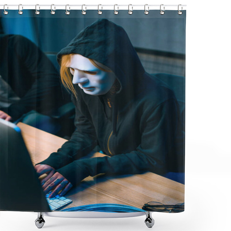 Personality  High Angle View Of Hacker In Mask Working With Computer To Develop Malware Shower Curtains