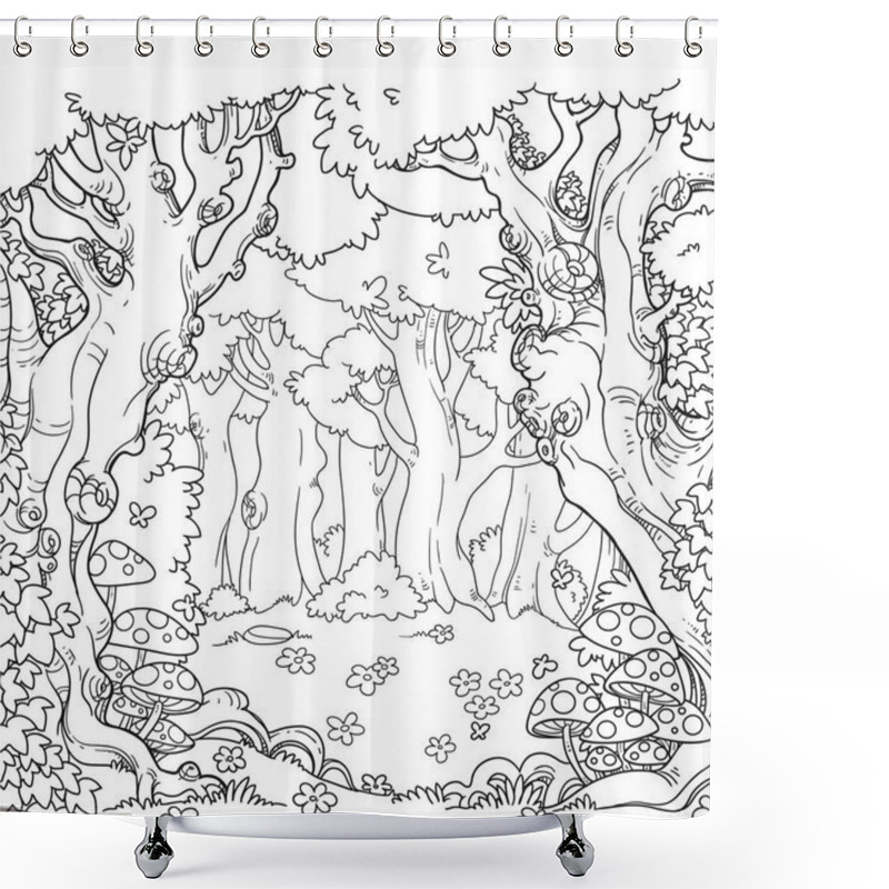 Personality  Forest Glade With Amanita And Daisies Linear Art Isolated On White Background Shower Curtains