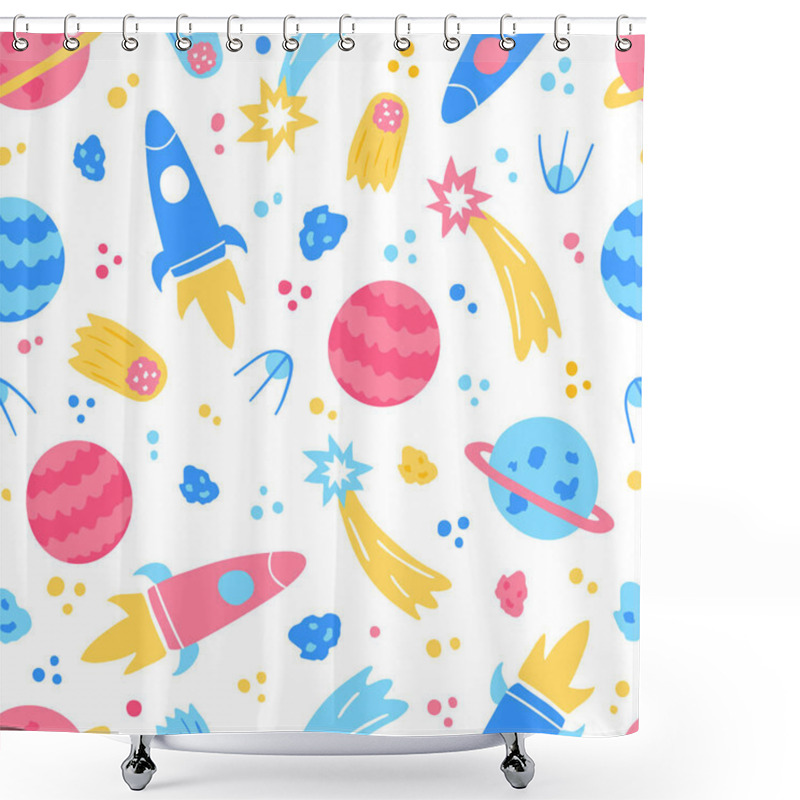 Personality  Space Children Seamless Pattern. Rocket, Shooting Stars, Planet, Comet, Satellite. Shower Curtains