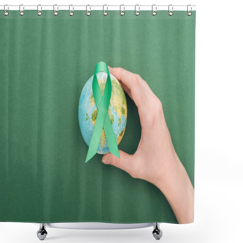 Personality  Partial View Of Woman Holding Green Ribbon And Toy Earth On Green Background Shower Curtains