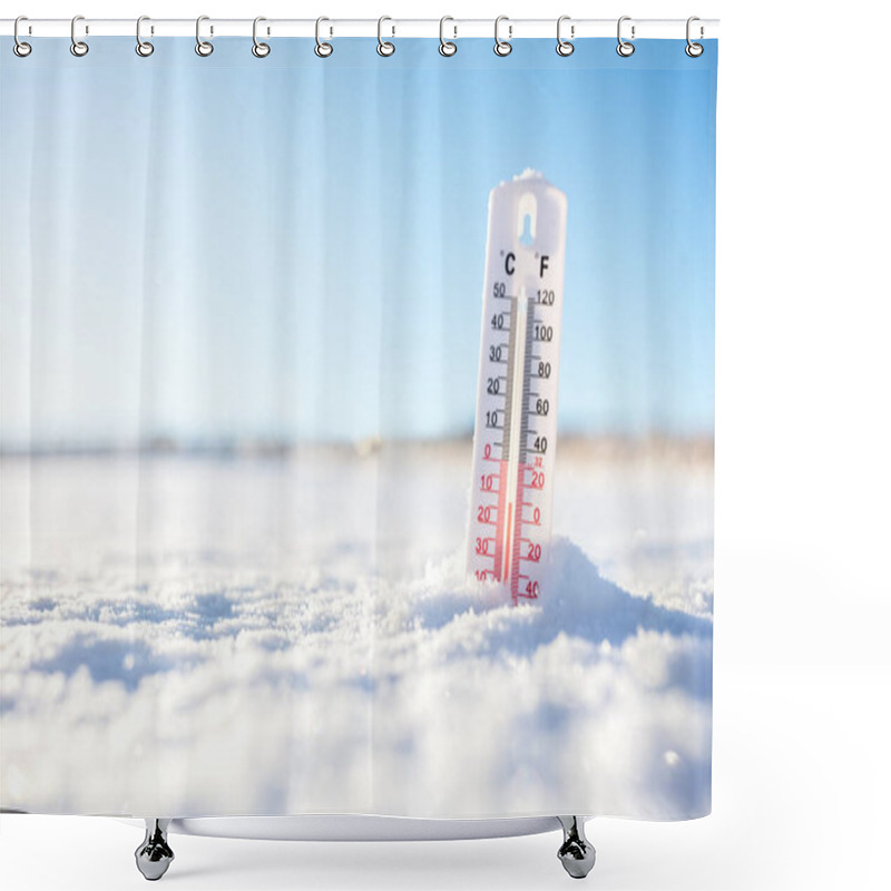 Personality  Thermometer In The Snow With Sub Zero Minus Temperature Concept For Winter Shower Curtains