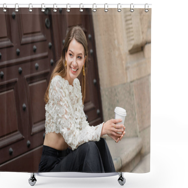 Personality  Happy Stylish Woman Holding Coffee To Go While Sitting On Stairs Near Door In Berlin, Germany  Shower Curtains