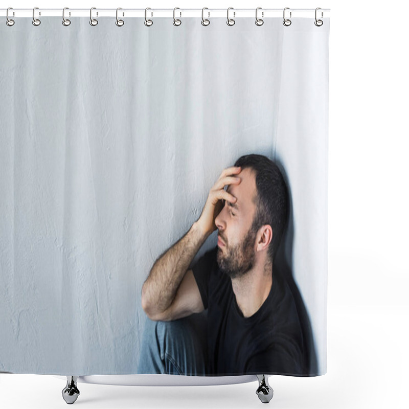 Personality  High Angle View Of Upset Man Sitting In Corner With Closed Eyes And Holding Hand On Forehead Shower Curtains