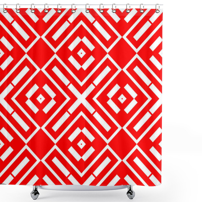 Personality  White Repeated Geometric Figures On Red Background. Seamless Surface Pattern Design With Symmetrical Rhombuses, Rectangles And Crosses Ornament. Polygons Wallpaper. Geometrical Motif. Digital Paper. Shower Curtains