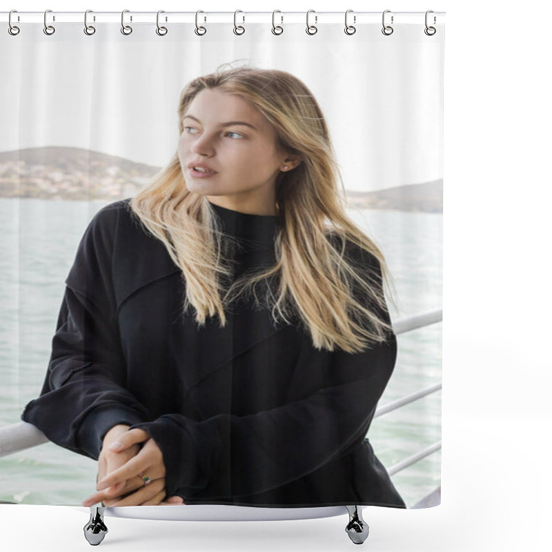 Personality  Young Woman Looking At Sea From Ferry Boat Crossing Bosphorus Strait In Istanbul  Shower Curtains