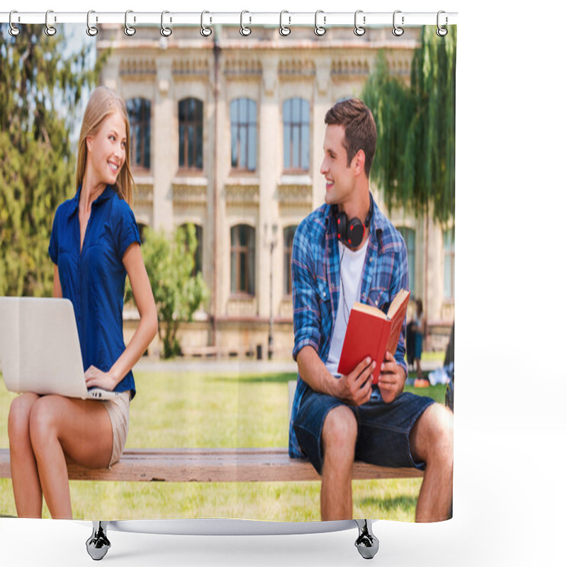 Personality  Man And Woman Sitting On Bench Shower Curtains