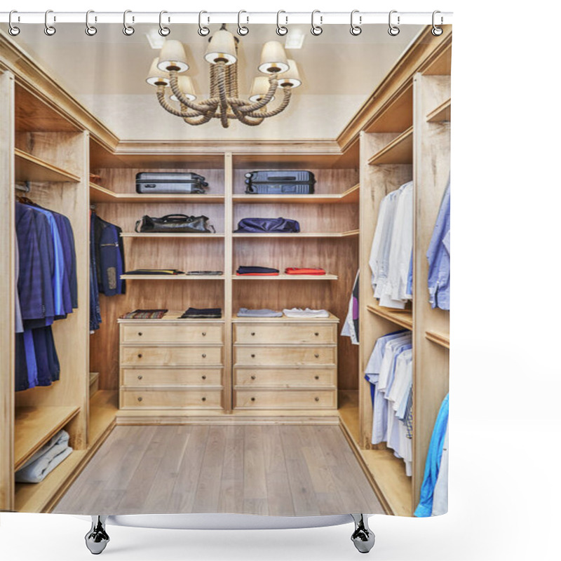 Personality  Stylish Walk In Closet With Furniture Of Maple Solid And Veneer Wood For Clothes Storage With Crown Molding In Apartment Shower Curtains