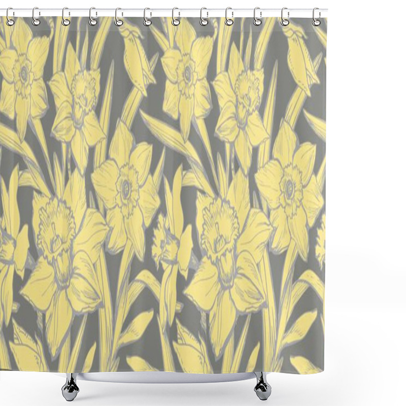 Personality  Yellow Closeup Daffodils Drawn By Hand On Ultimate Gray Background. Shower Curtains