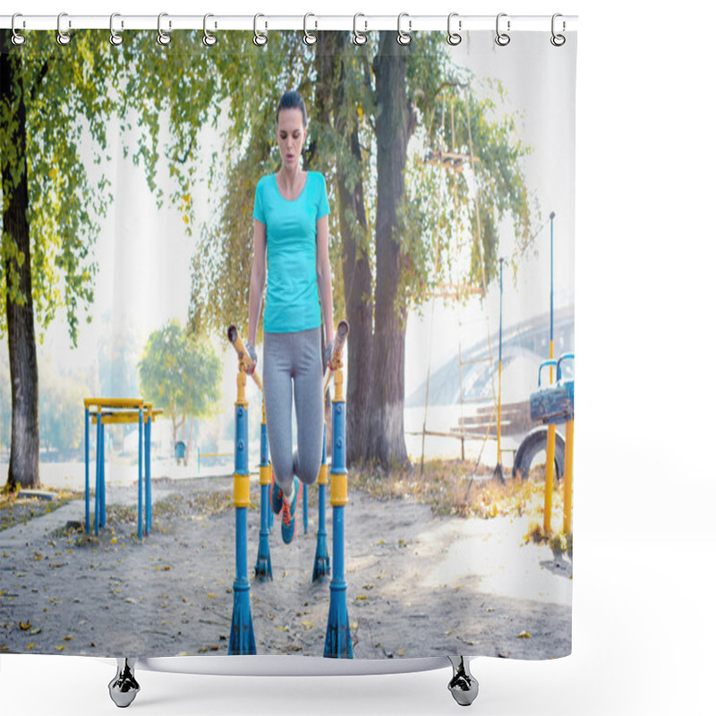 Personality  Sporty Woman Exercising On Parallel Bars Shower Curtains