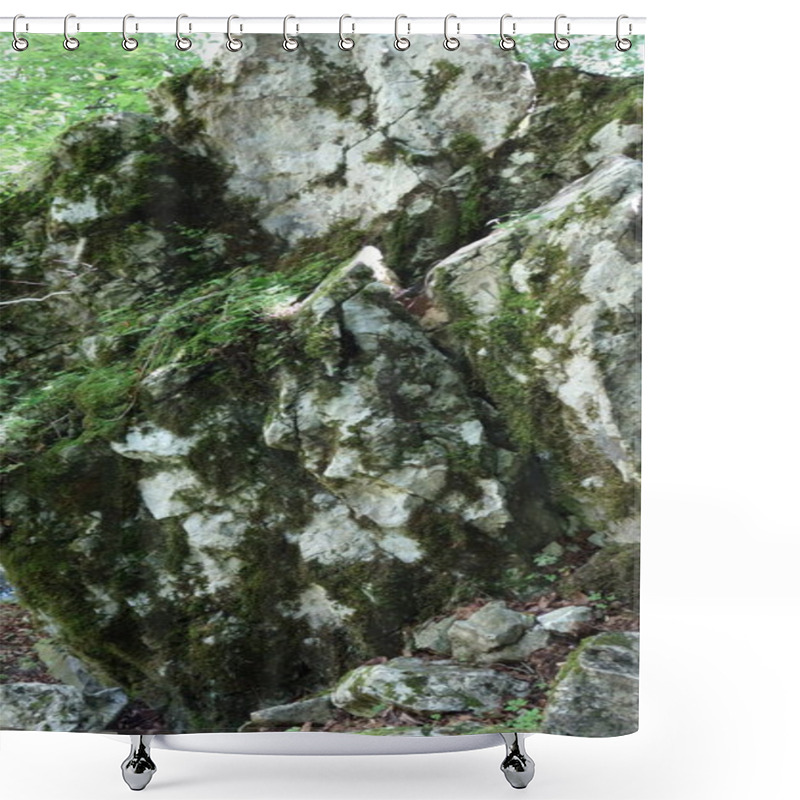 Personality  Lush Green Moss Covering Rugged Rocks In A Forested Area, Showcasing Natural Beauty And Tranquility. Shower Curtains