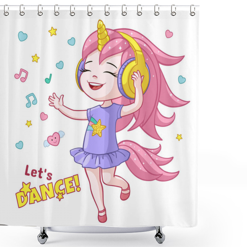 Personality  Vector Cartoon Girl Kid Dancing Headphone Horn Shower Curtains