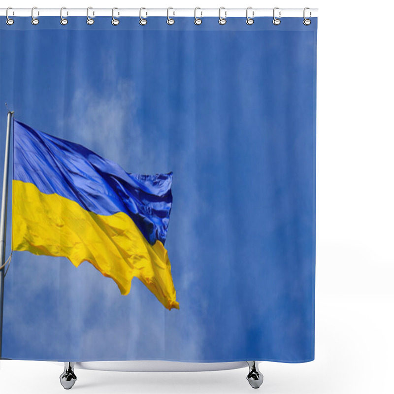 Personality  Large National Flag Of Ukraine Flies In The Blue Sky. Big Yellow Blue Ukrainian State Banner In The Dnepr City, Dnepropetrovsk. Independence, Constitution Day, National Holiday, Text Space Shower Curtains