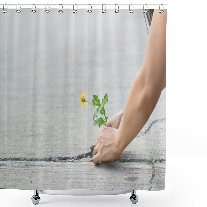 Personality  Woman Protect A Little Yellow Flower Growing On Cracks Street Shower Curtains