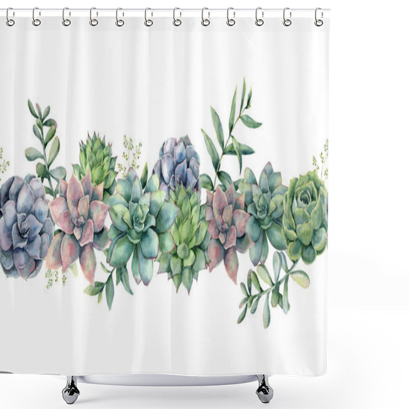 Personality  Watercolor Succulents Seamless Bouquet. Hand Painted Green, Violet, Pink Cacti, Eucalyptus Leaves And Branches Isolated On White Background.  Botanical Illustration For Design, Print. Green Plants Shower Curtains