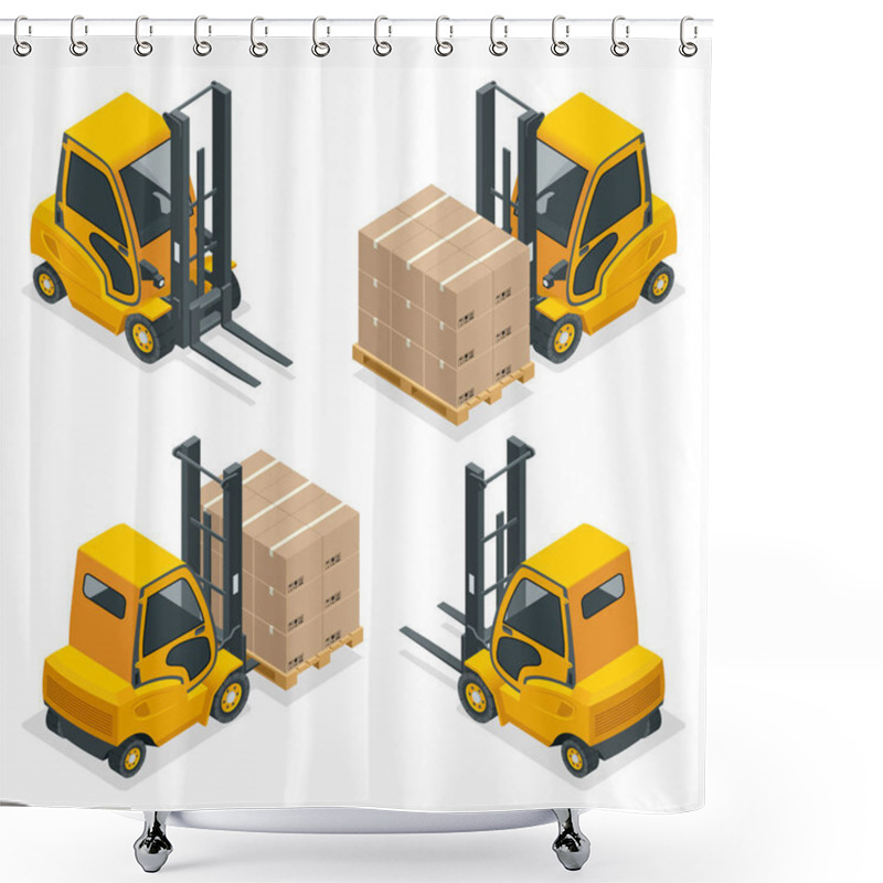 Personality  Isometric Vector Compact Forklift Trucks Isolated On White. Storage Equipment Icon Set. Forklifts In Various Combinations, Storage Racks, Pallets With Goods For Infographics. Shower Curtains