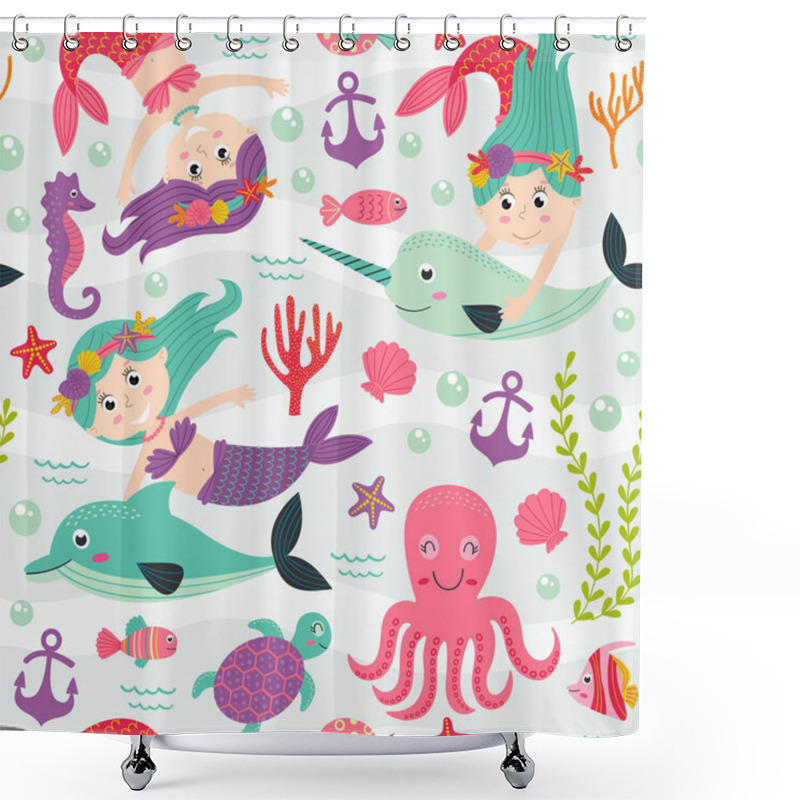 Personality  Seamless Pattern With Mermaid And Marine Animals  Shower Curtains