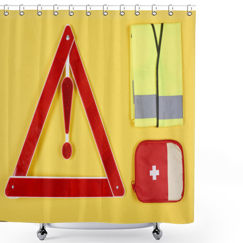 Personality  Top View Of Warning Triangle Road Sign, First Aid Kit And Reflective Vest Isolated On Yellow Shower Curtains