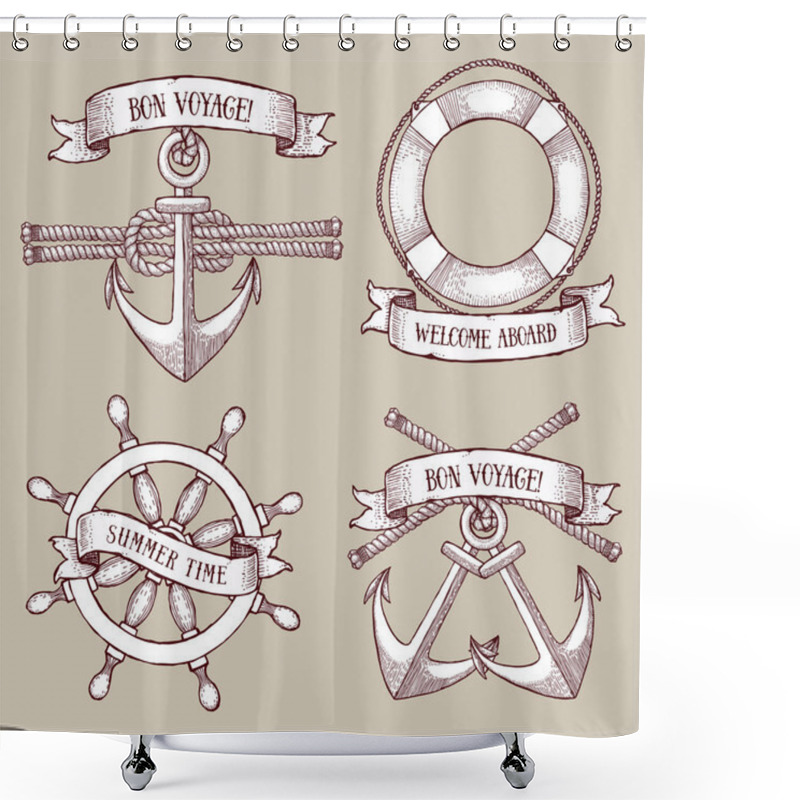 Personality  Engraved Set Of Marine Icons Shower Curtains