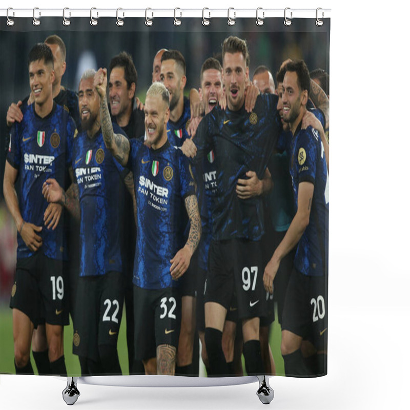 Personality  ROME, Italy - 11.05.2022: INTER PLAYERS  Celebrates Victory At End Of The Football Match Italy Cup Final 2022 Trophy  Between FC JUVENTUS TURIN VS FC INTERNAZIONALE MILAN  At Olympic Stadium In Rome Shower Curtains