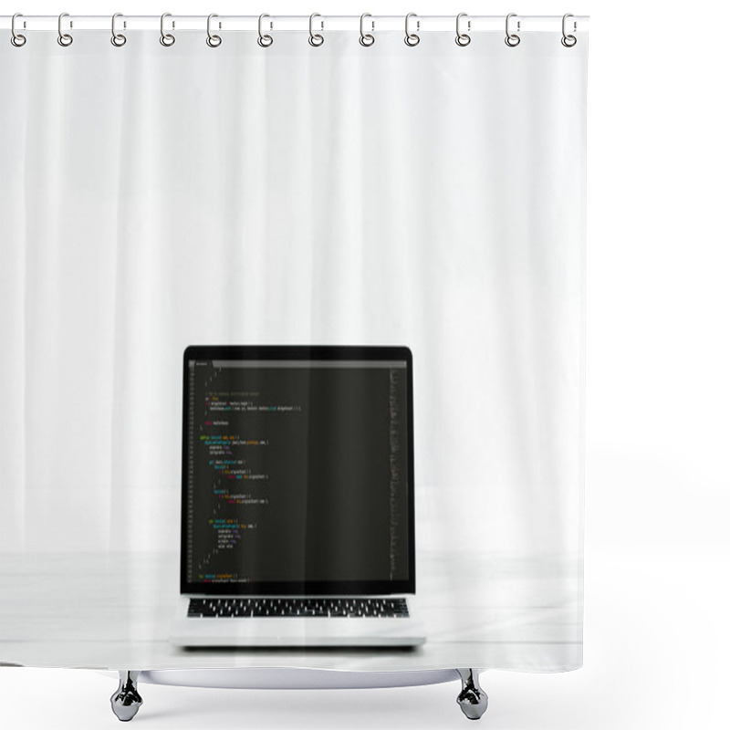 Personality  KYIV, UKRAINE - JULY 23, 2019: Modern Laptop With Computer Codes On Screen On White  Shower Curtains