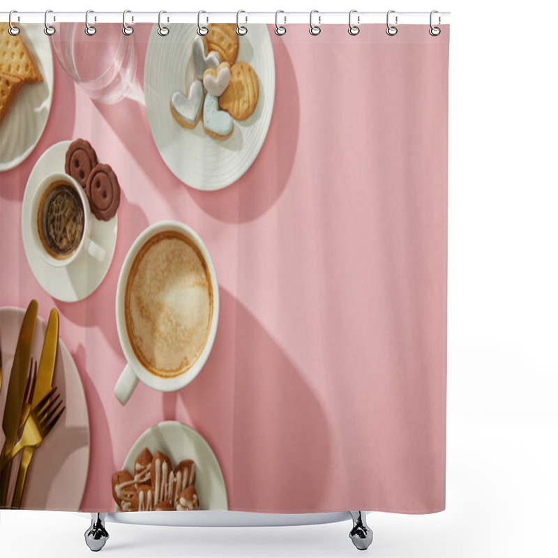 Personality  Top View Of Coffee, Glass Of Water And Delicious Cookies On Pink Background With Copy Space Shower Curtains