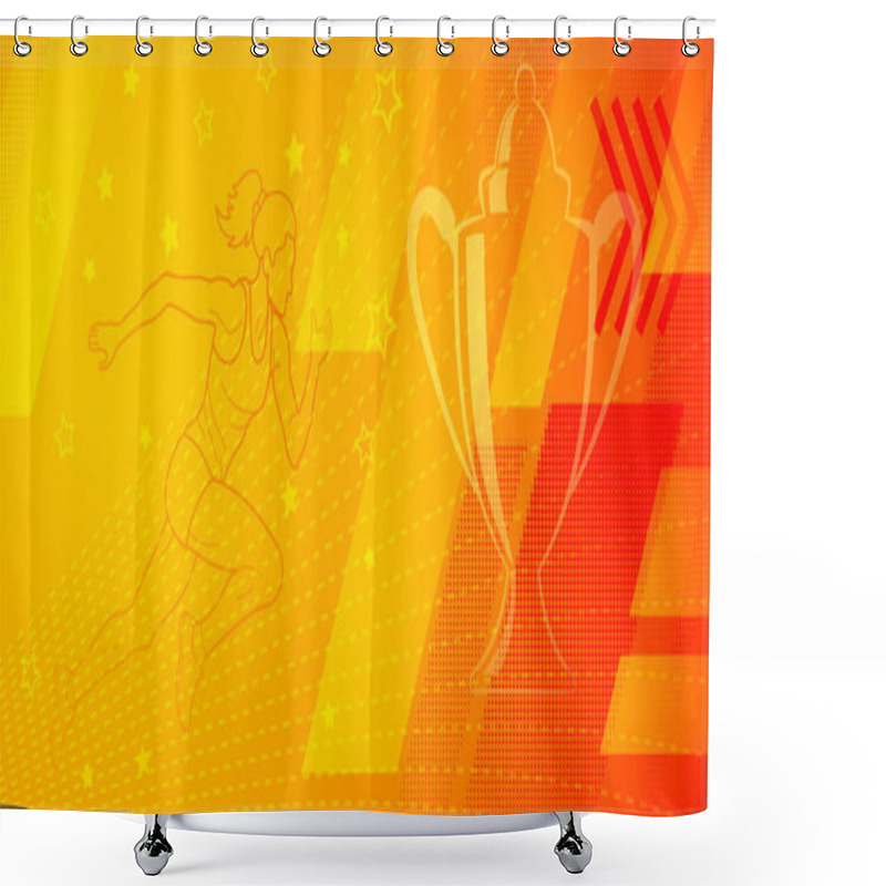 Personality  Runner Themed Background In Yellow And Red Tones With Abstract Lines And Dots, With Sport Symbols Such As A Female Athlete And A Cup Shower Curtains