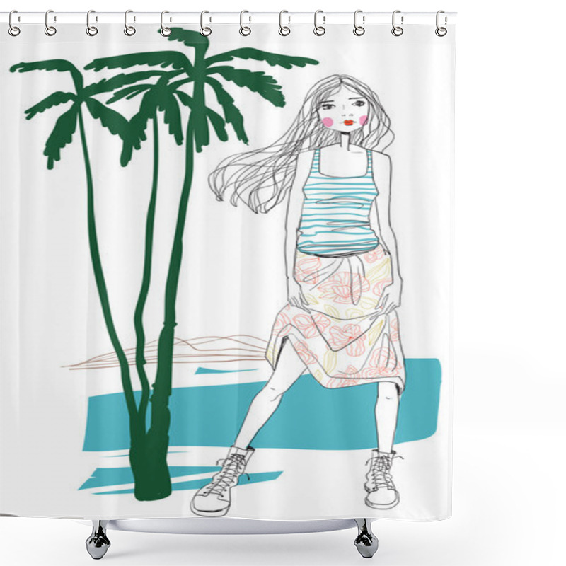 Personality  Cute Girl Near Palms Shower Curtains