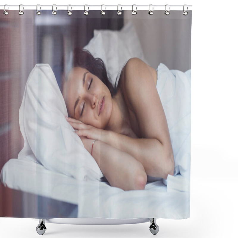 Personality  A Charming Young Woman Awakes In Her Comfortable Bed Fully Rested. A Woman With A Gentle Smile In Bed After Waking Up. Shower Curtains