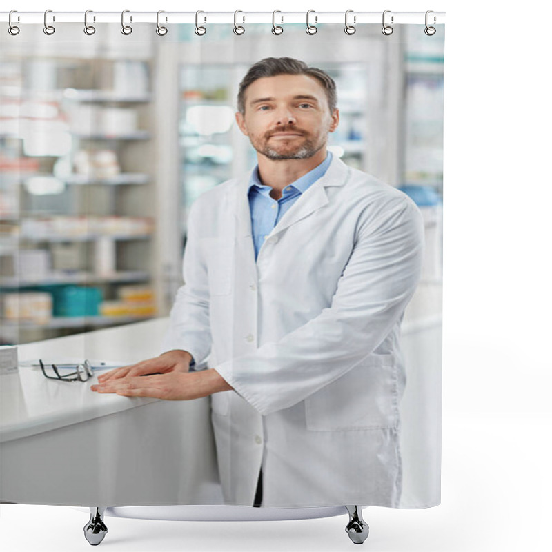 Personality  Get Your Medicine Supplied Without Going To The GP. Portrait Of A Pharmacist Standing In A Drugstore. All Products Have Been Altered To Be Void Of Copyright Infringements Shower Curtains