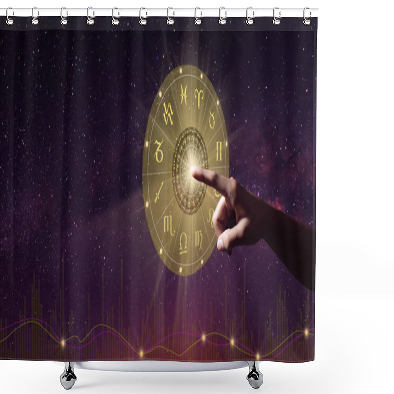 Personality  Human Predicts The Future. Zodiac Sign Wheel Of Fortune Hologram With Mandala Inside. The Milky Way And Life Graph Background. Copy Space. Shower Curtains