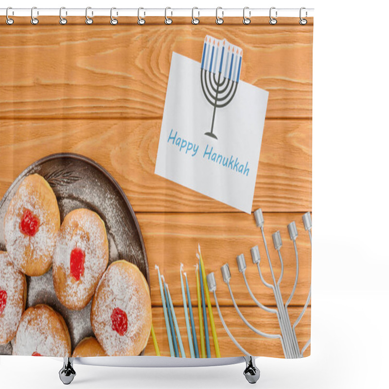 Personality  Flat Lay With Doughnuts, Candles, Menorah And Happy Hannukah Card On Wooden Surface, Hannukah Concept Shower Curtains