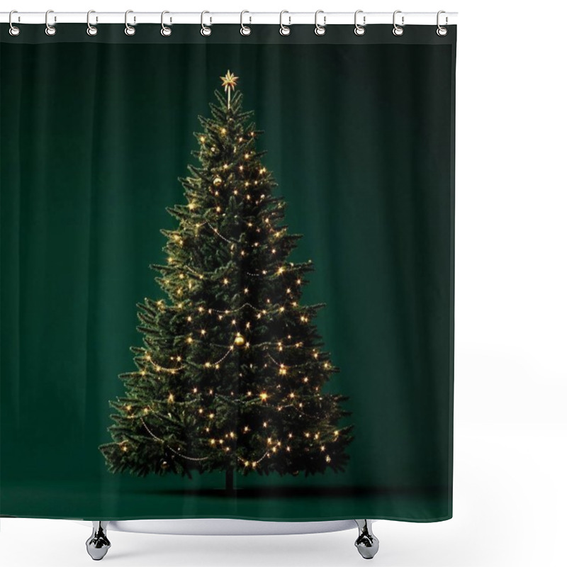 Personality  A Beautifully Lit Christmas Tree Adorned With Golden Lights And A Star On Top. Shower Curtains