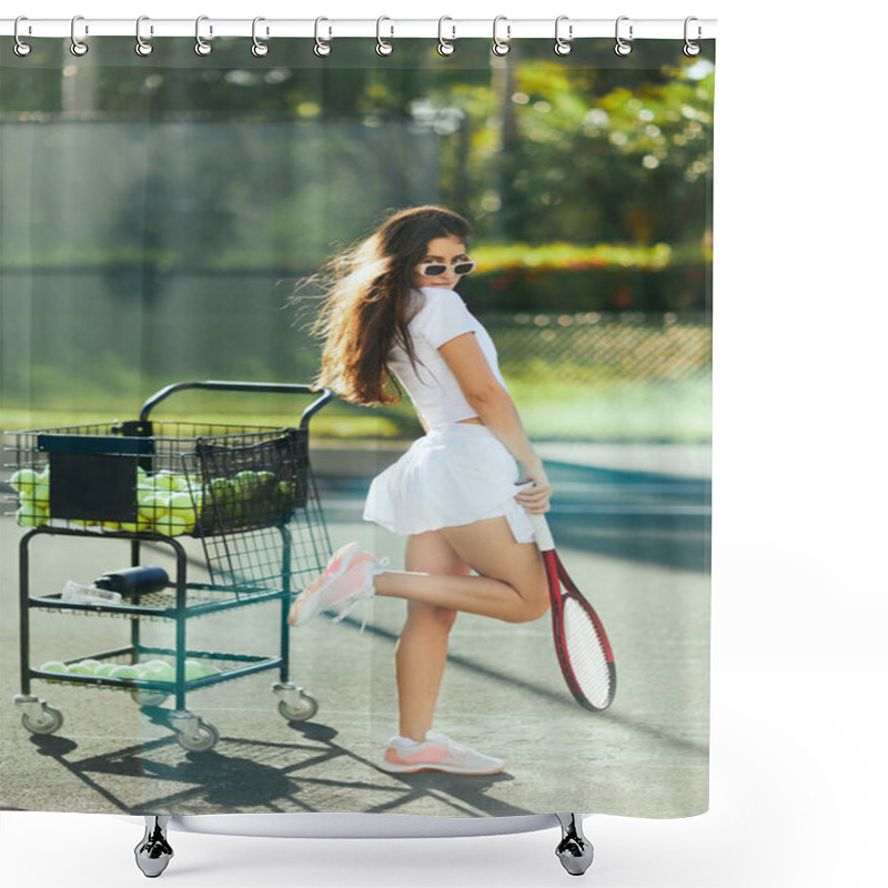 Personality  Tennis Court In Miami, Flirty Young Woman With Long Brunette Hair Standing In White Outfit And Trendy Sunglasses While Holding Racket Near Tennis Ball Cart And Blurred Palm Trees, Sun-kissed  Shower Curtains