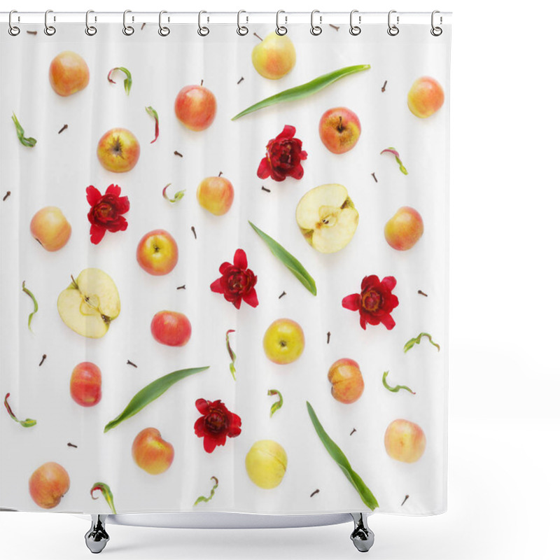 Personality  Food Composition With Apples, Flowers, Leaves And Clove Spices Isolated On White Background Shower Curtains