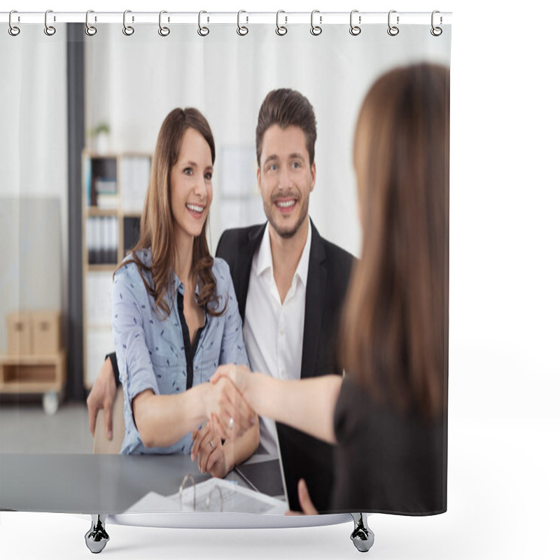 Personality  Happy Young Couple Shaking Hands With Realty Agent Shower Curtains