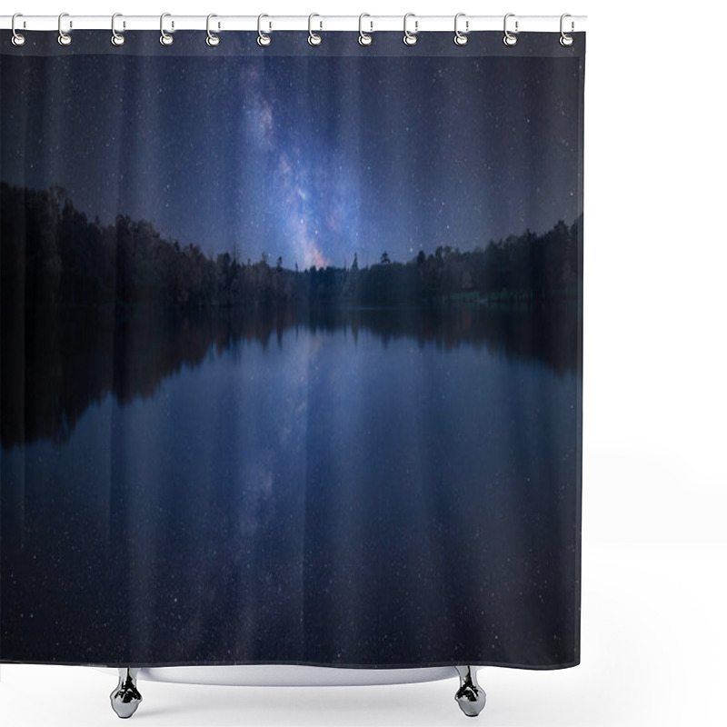 Personality  Stunning Vibrant Milky Way Composite Image Over Landscape Of Still Lake Shower Curtains