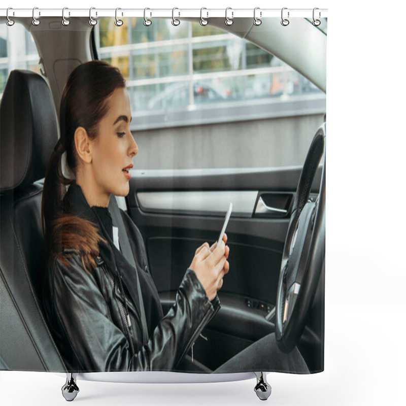 Personality  Young Woman Using Smartphone On Driver Seat Of Drone Car Shower Curtains