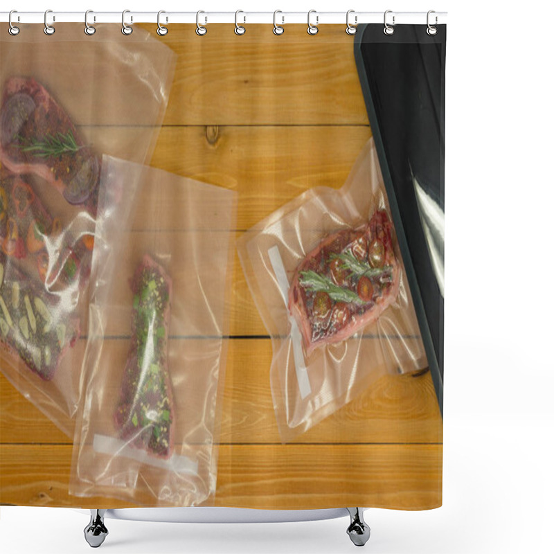 Personality  Small Pieces Of Seasoned Meat Packaged In Plastic Bags Next To Vacuum Sealer Sitting On Top Of Table Shower Curtains