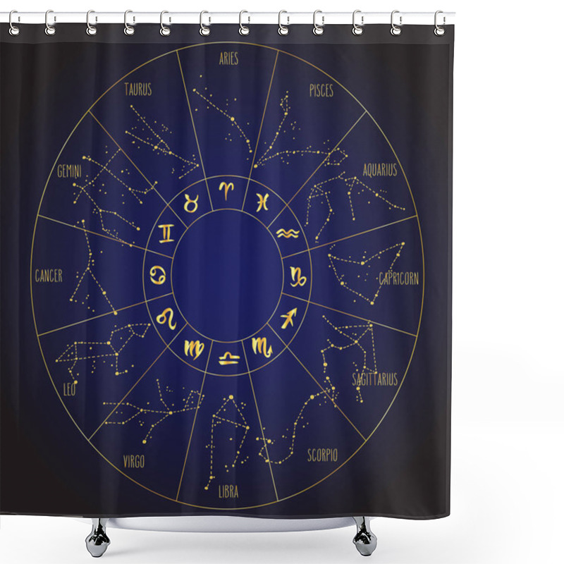 Personality  Zodiac Signs Hand Drawn Golden Constellations Circle Shower Curtains