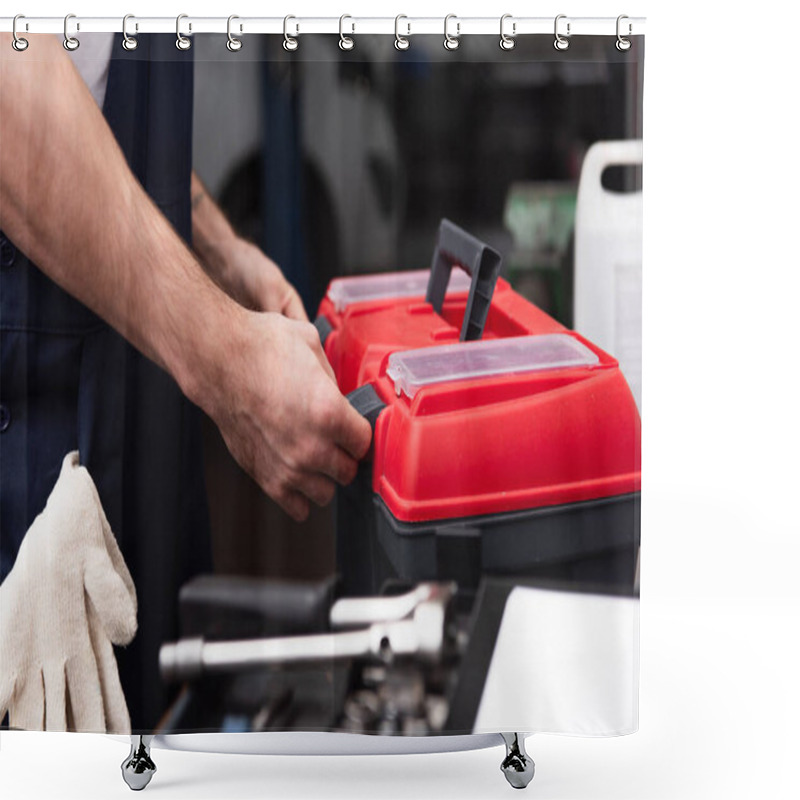 Personality  Cropped View Of Mechanic Unlocking Toolbox In Garage  Shower Curtains