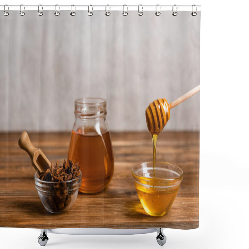 Personality  Wooden Dipper And Scoop Near Jar And Bowls With Honey And Anise Seeds On Grey Marble Background Shower Curtains